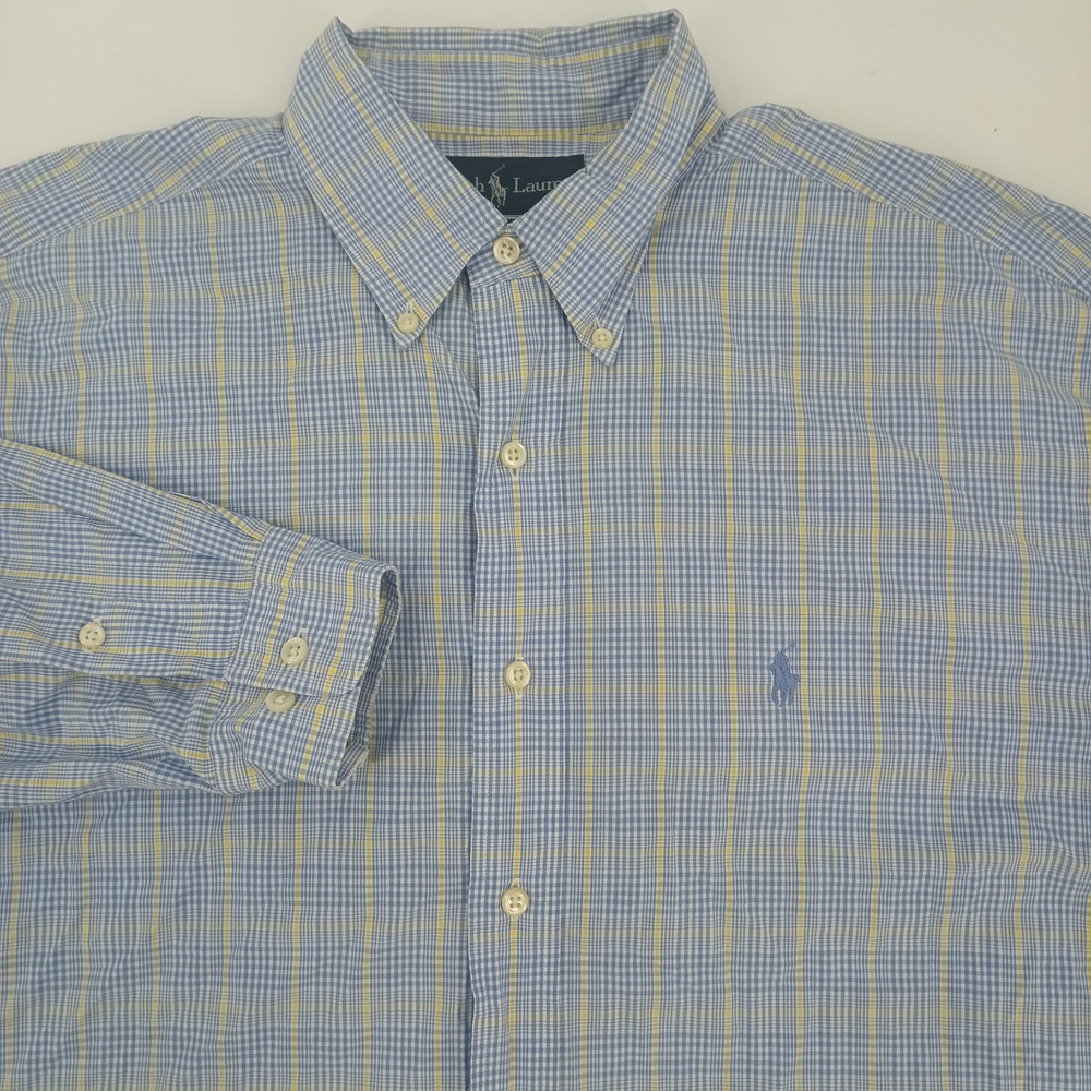Ralph Lauren Yarmouth Mens 16 32/33 Blue Yellow Plaid Cotton Button Down Shirt